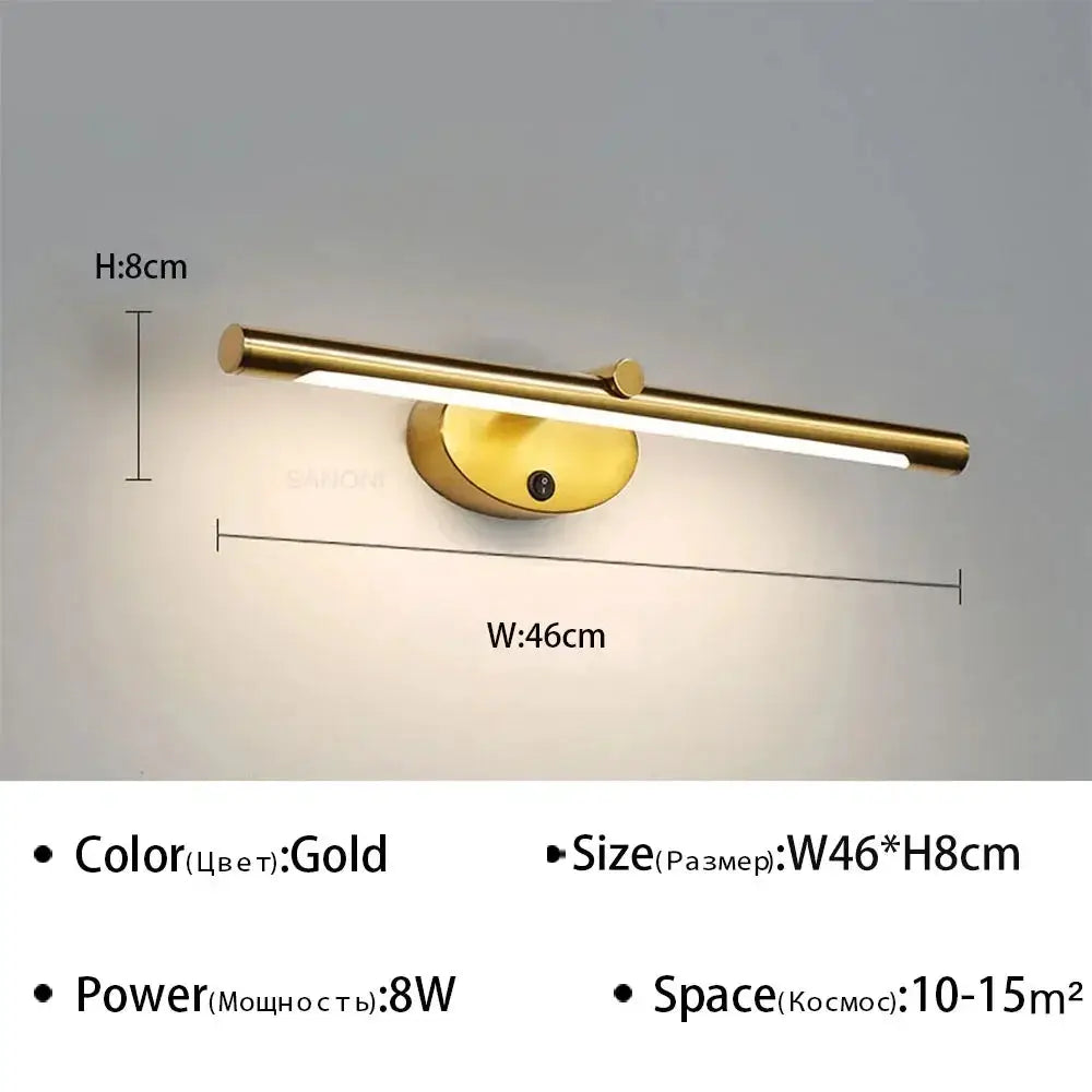 Modern LED indoor wall lamp in gold by Simples Market; minimalist bathroom mirror sconce, 46cm wide, 8cm high, 8W