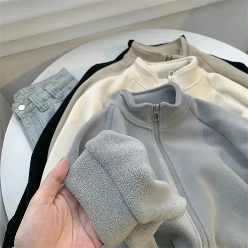 Gidyq Fashion Women Bandage Shirt grey fleece zip-up on display with multiple neutral tops