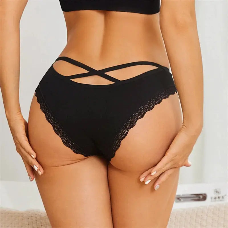 Women's black lace-trim Brazilian panties with crisscross waist straps