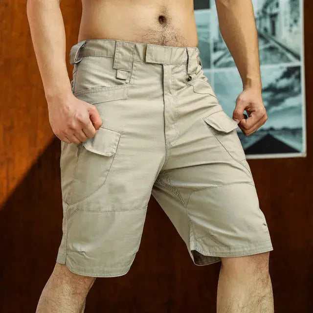 Simples Market men's khaki cargo shorts with multiple pockets