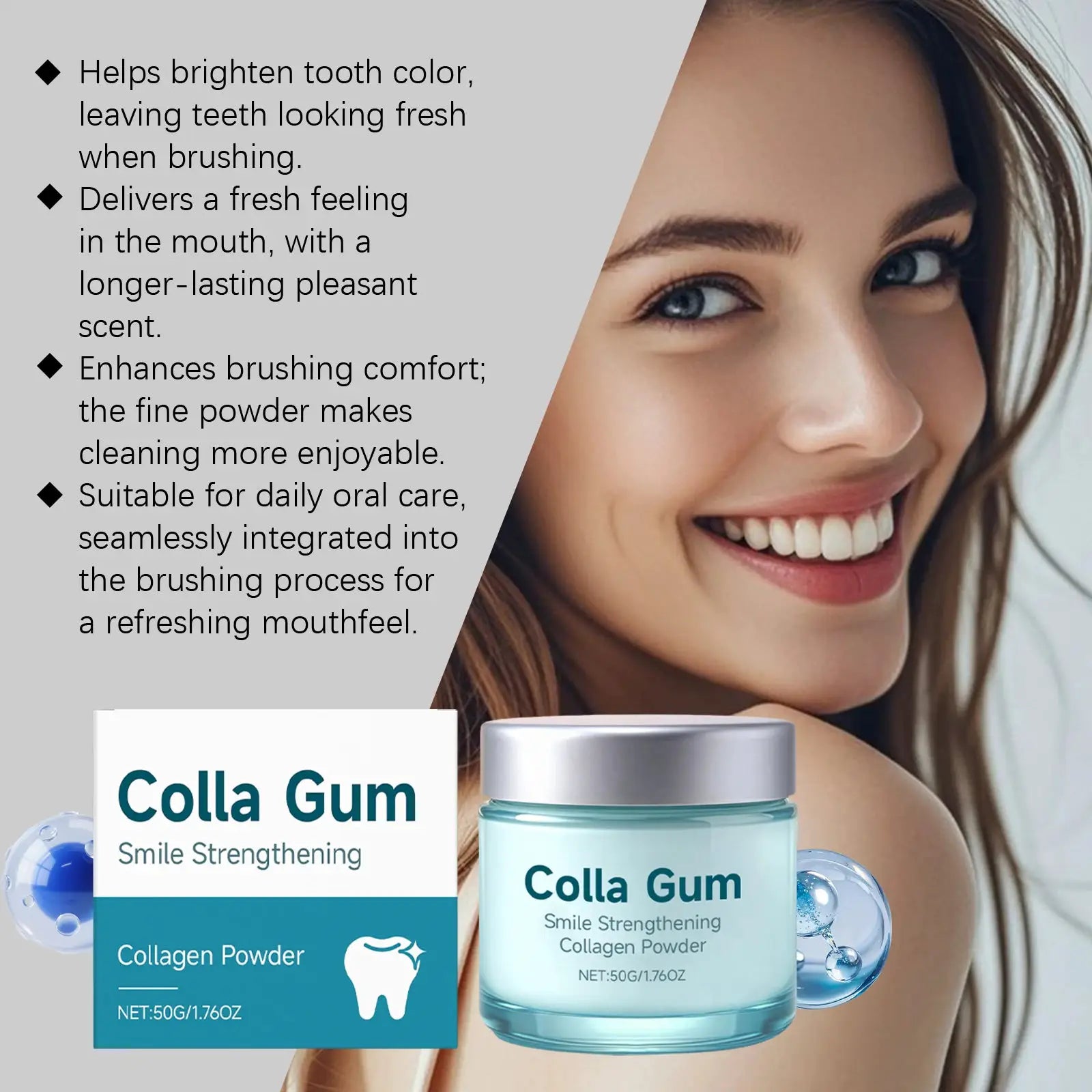 Collagen Whitening Tooth Powder by Simples Market; blue-tinted jar and white box packaging, 2-piece set.