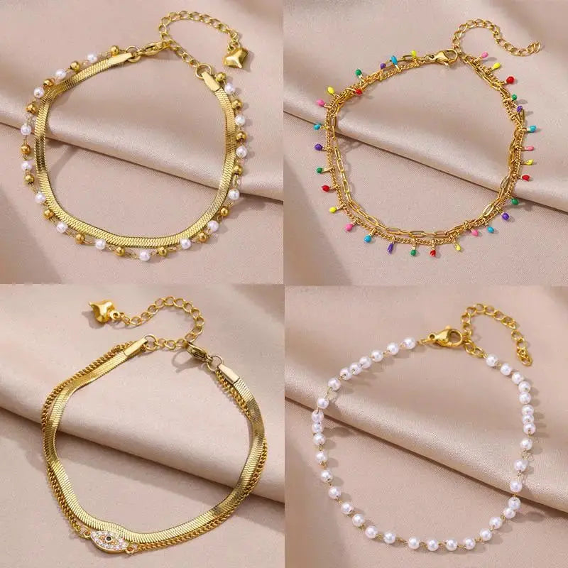 Gold Tone Stainless Steel Imitation Pearl Anklets for Women Beach Jewelry Chain Leg Bracelets Gift
