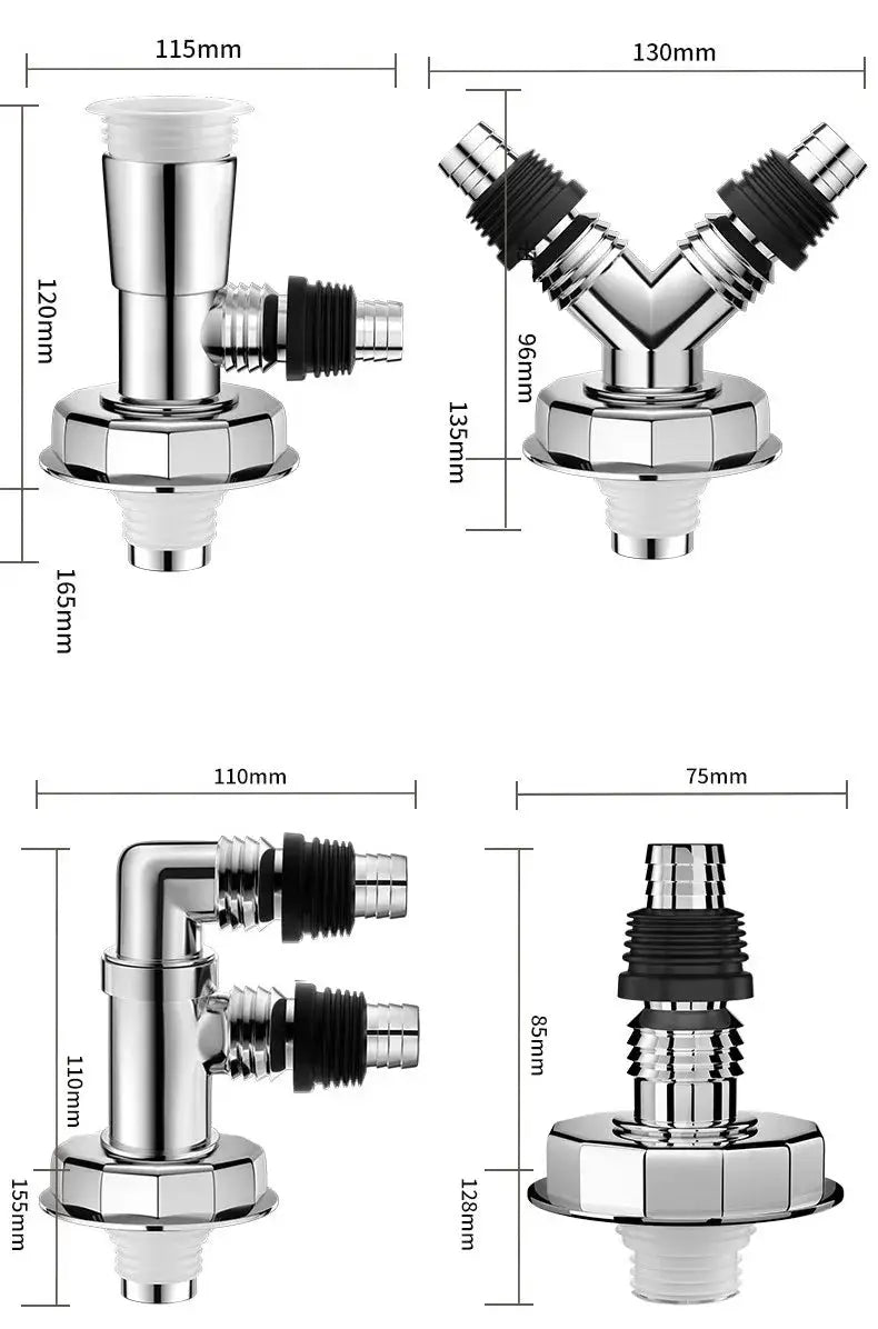 Washing machine floor drain adapter set, chrome, 4-piece with Y-branch, elbow and straight connectors by Simples Market