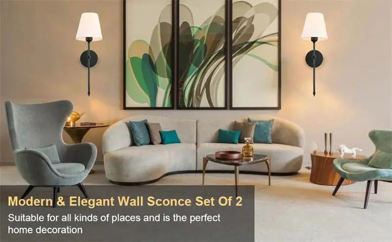 Pair of modern American wall sconces with cloth shades and black metal finish.