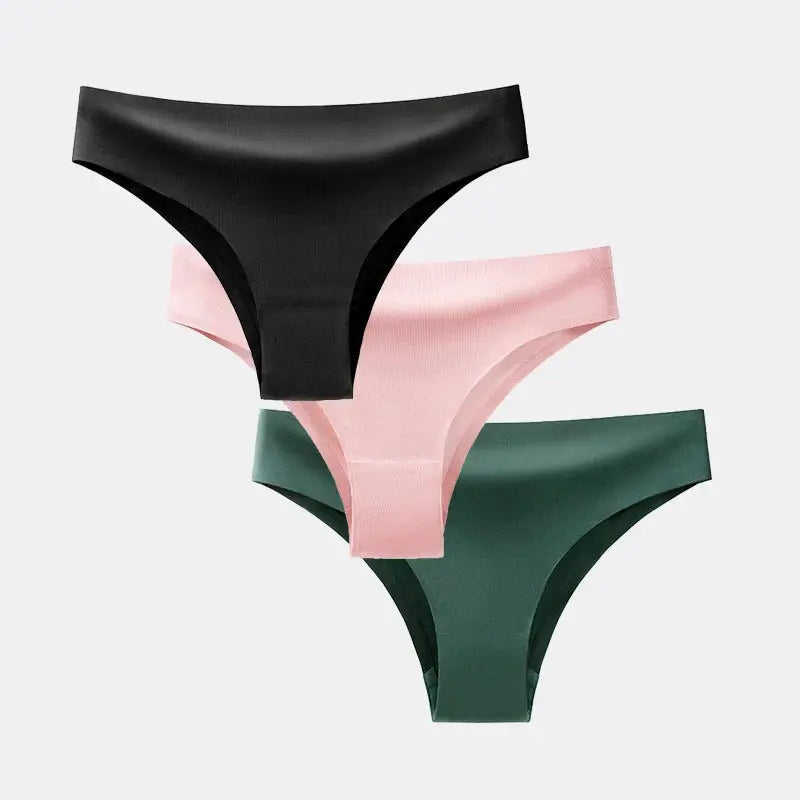 3-pack women's seamless thong panties in black, pink, and green; ice silk underwear.