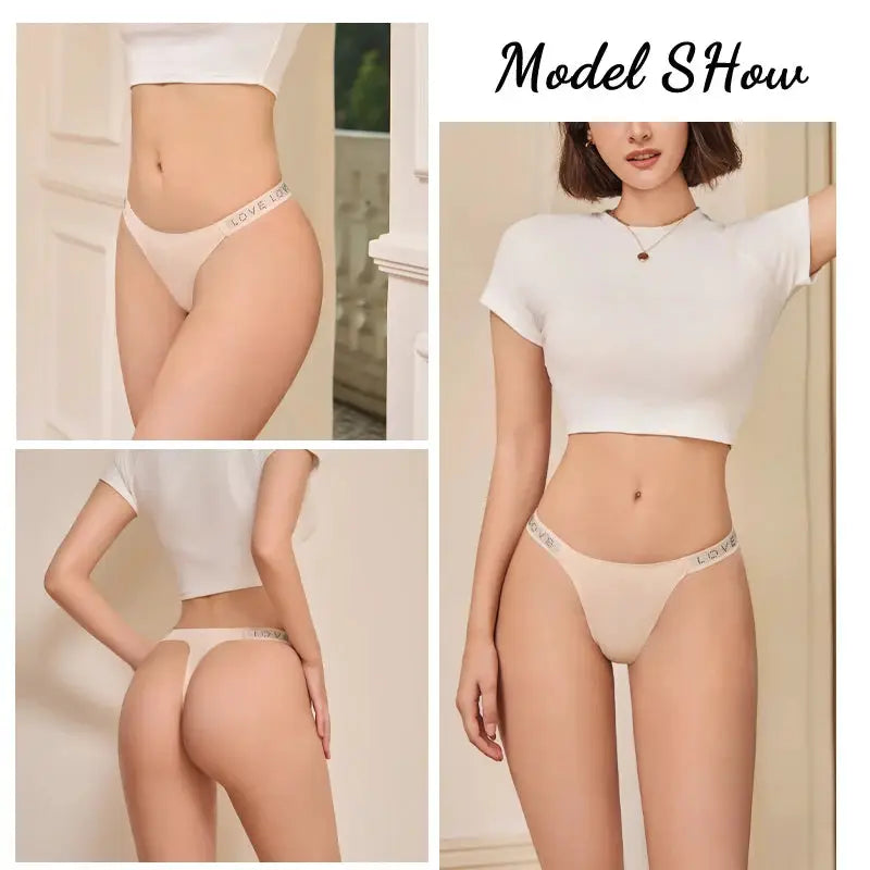 Simples Market 7-piece beige thong set, low-rise, soft breathable fabric with logo waistband