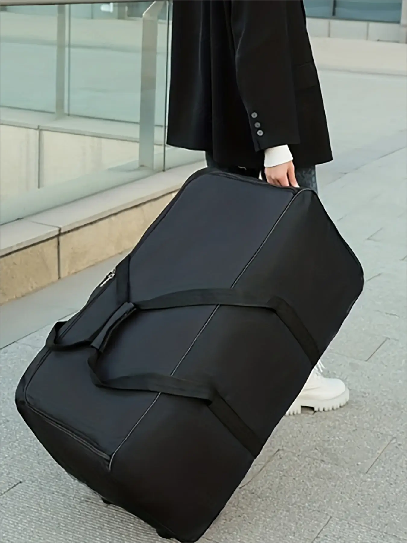 Foldable wheeled luggage bag, black fabric, large-capacity carry-on carrier