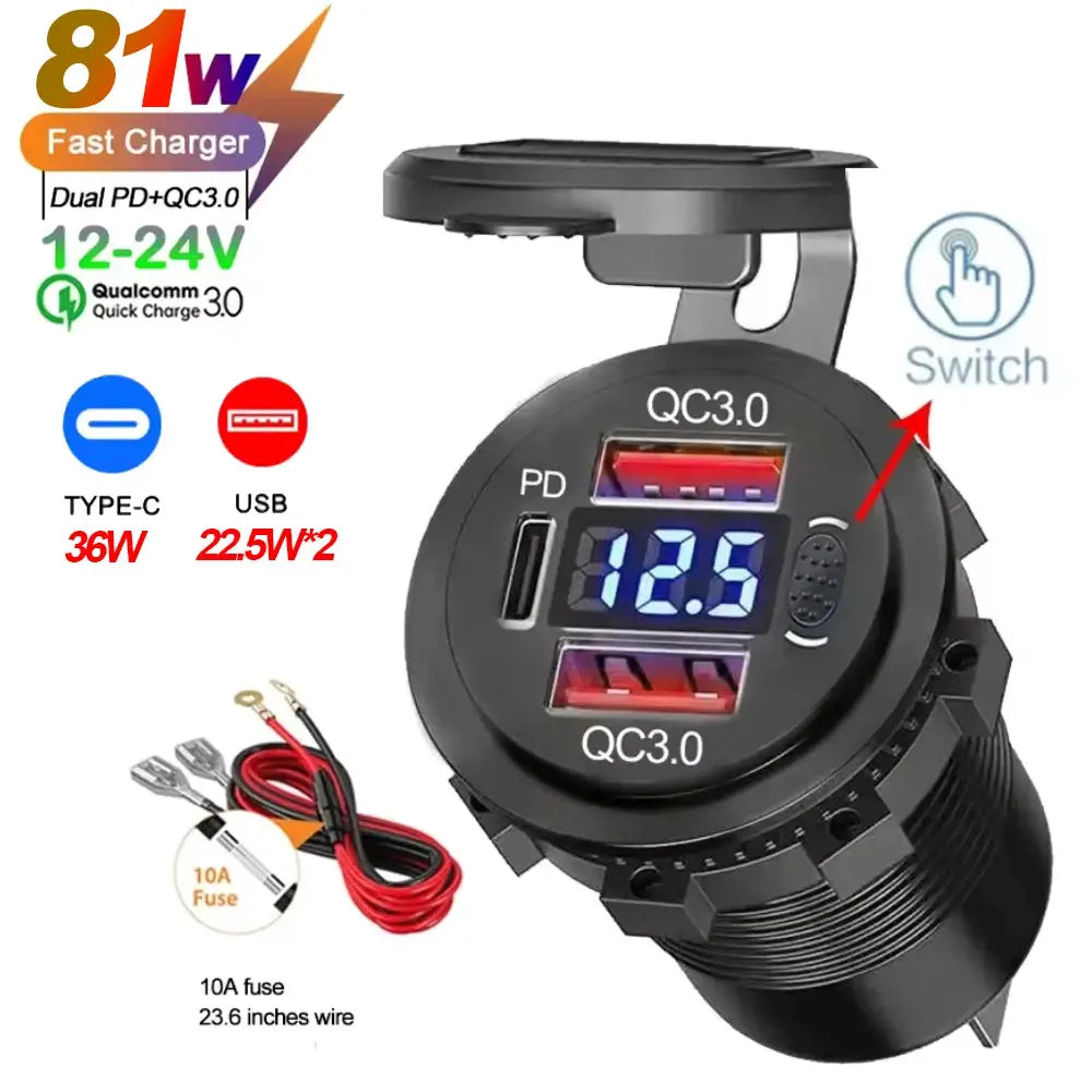 117W Dual PD USB Car Charger With Dual QC 3.0 Ports Voltmeter Waterproof 12V 24V Power Outlet For Car Boat