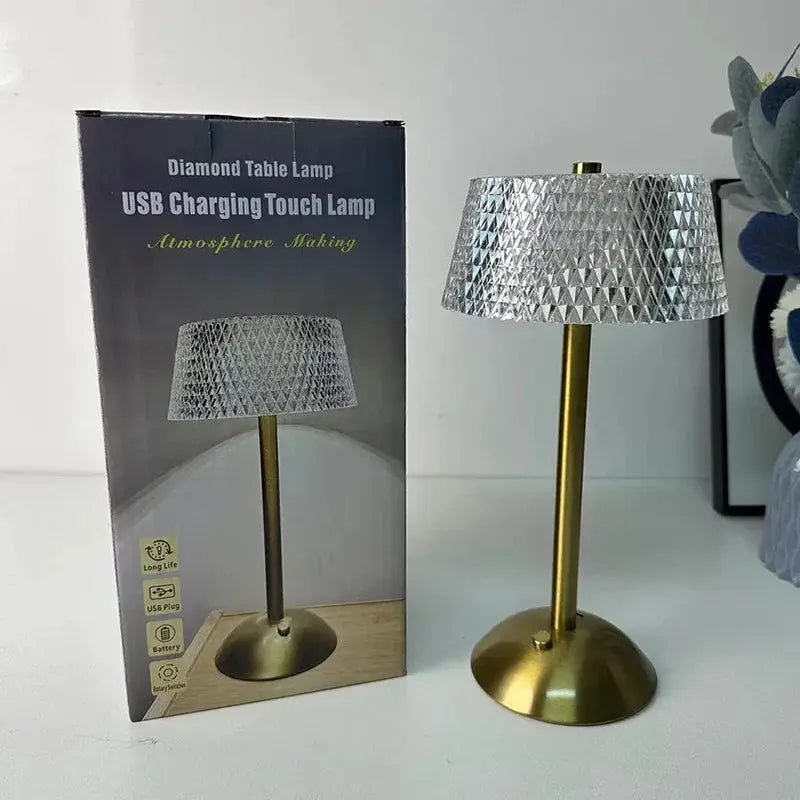 Rechargeable LED night lamp with glass diamond shade and gold-tone base; touch control