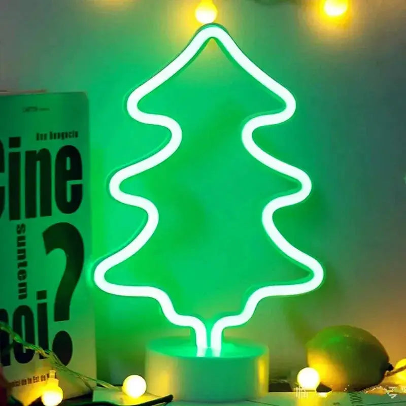 Tree-shaped neon LED sign night light, green glow, USB-powered.