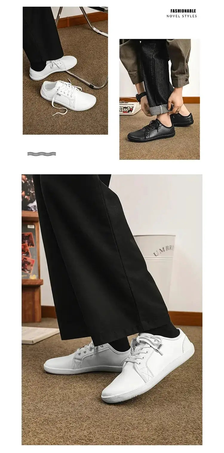 Wide version barefoot walking shoes by Simples Market, white and black, lightweight unisex flats