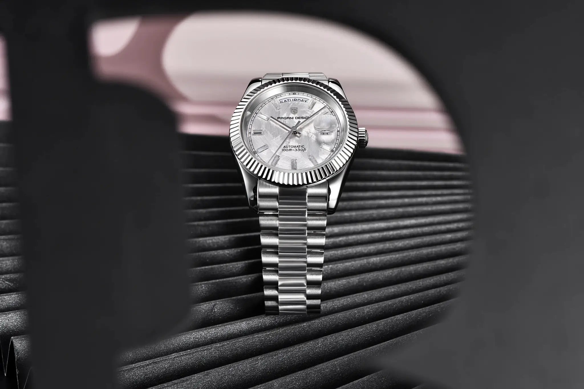PAGANI DESIGN stainless steel automatic men's watch with silver dial and bracelet