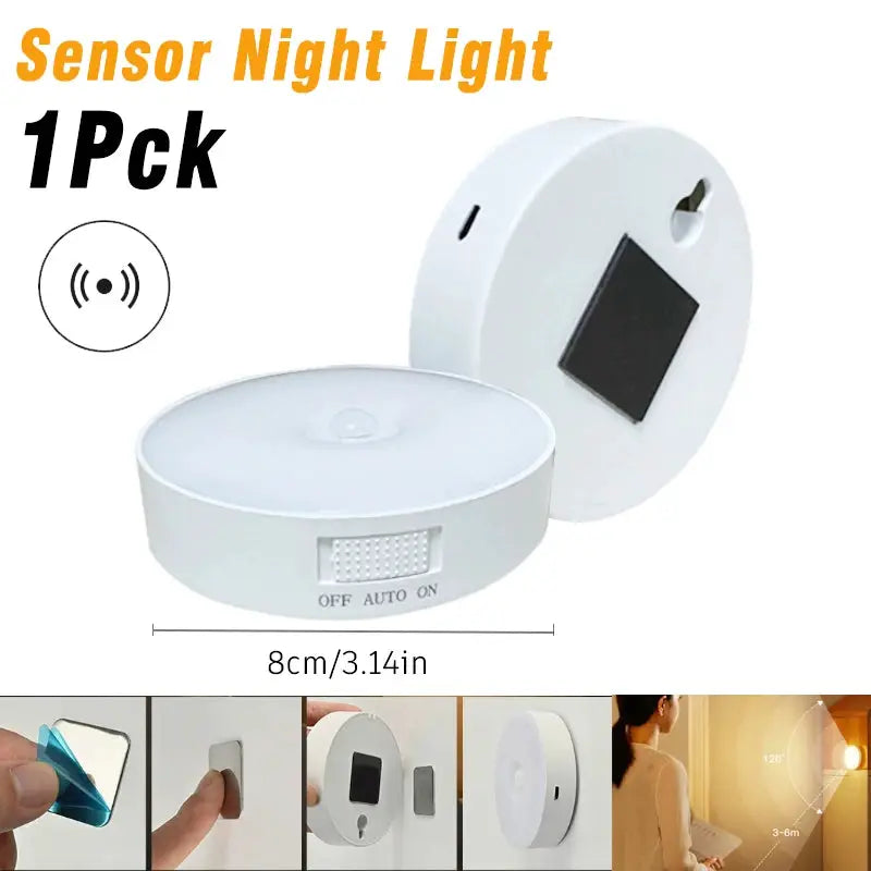 LED motion-sensor night light, white round wireless bedside lamp, battery-powered 8cm diameter