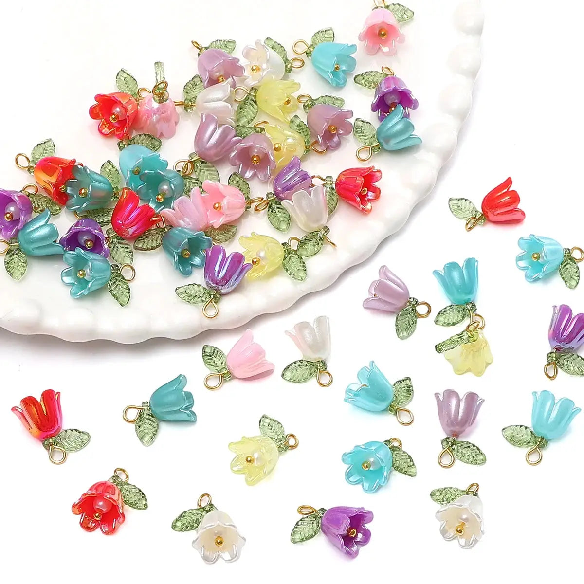 Acrylic lily-of-the-valley flower bead, 11x14mm, pastel colors with gold loop and green leaves; 2–10 pcs for DIY jewelry