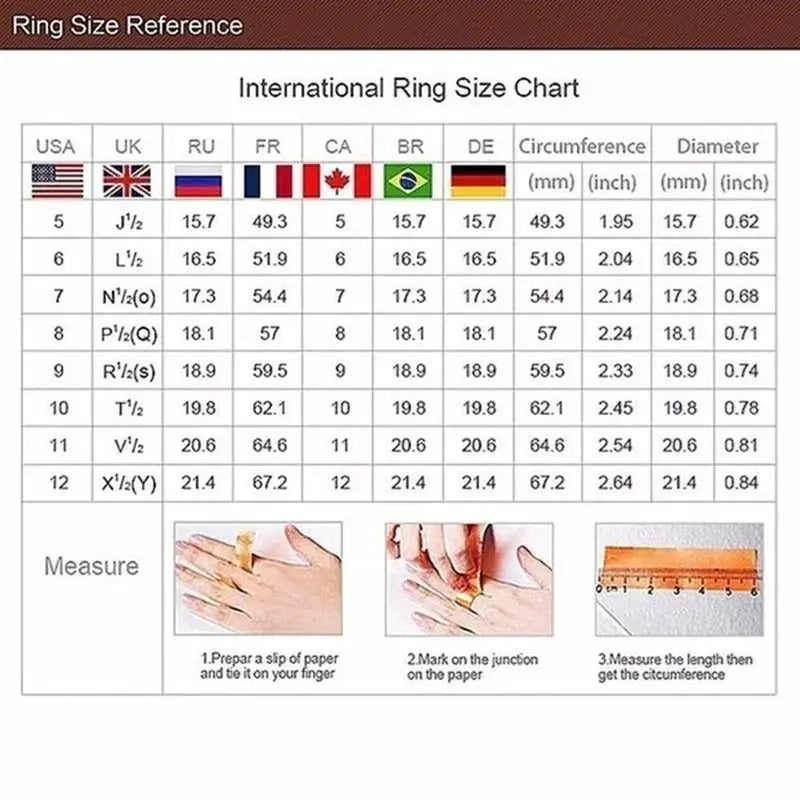 Ring size reference chart with international size table and hands measuring with ruler