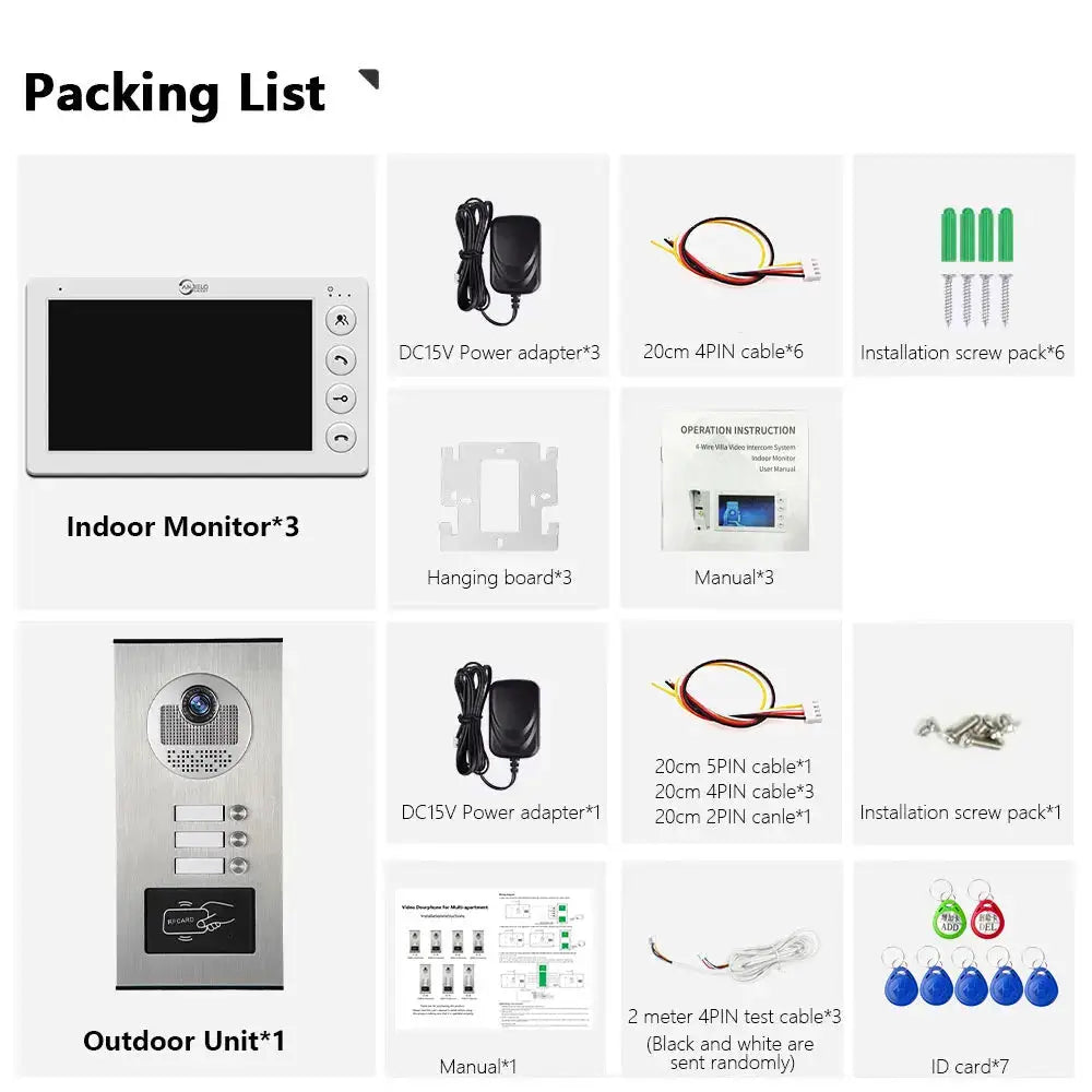 ANJIELO 3-Unit Home Video Intercom packing: Indoor Monitors x3, Outdoor Unit x1, cables, adapters, screws, RFID cards