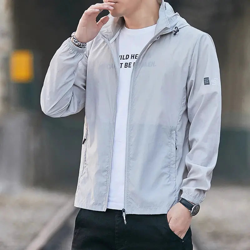 Men's light gray lightweight windbreaker jacket with hood, breathable sun protection outerwear