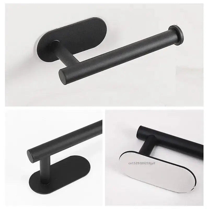 No Drilling Toilet Paper Holder Simples Market, black SUS304 stainless steel, self-adhesive wall-mount.