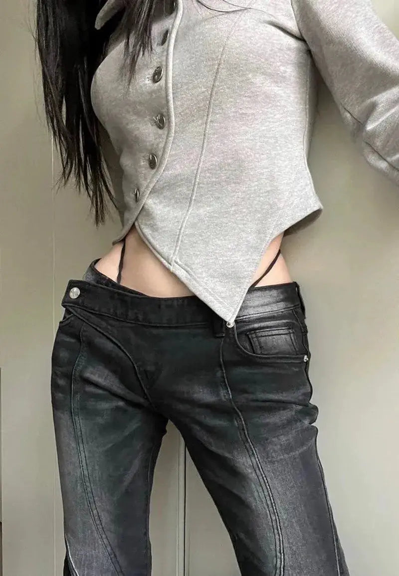 Vintage Distressed Asymmetrical Low Waist Jeans Grunge Flare Denim