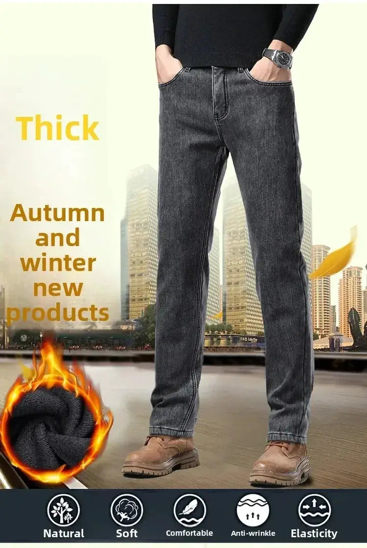 Men's black straight-leg denim pants with thick fleece lining for winter warmth