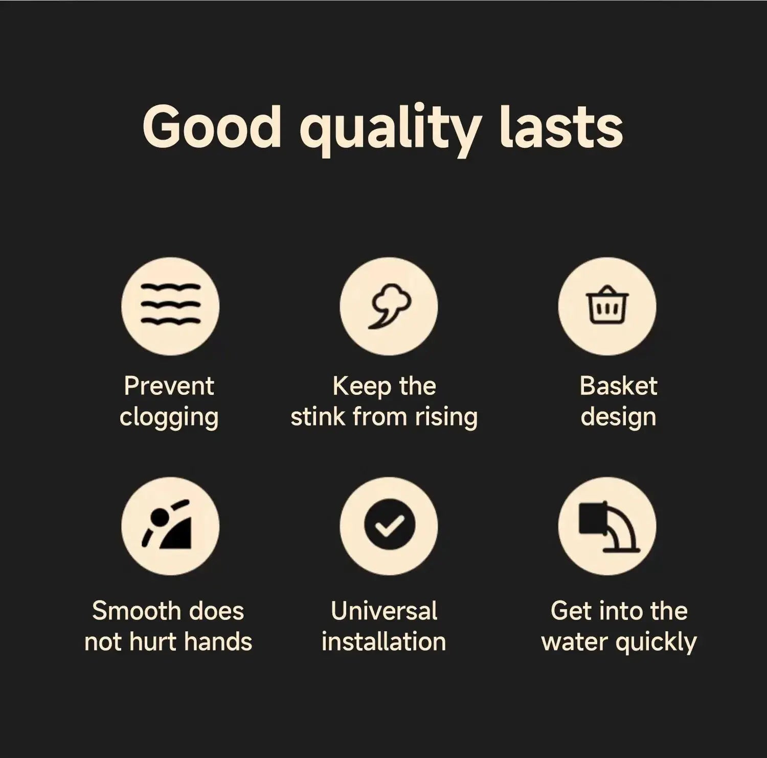 Universal Basin Pop-up Drain Filter by Simples Market infographic with beige icons on black background.