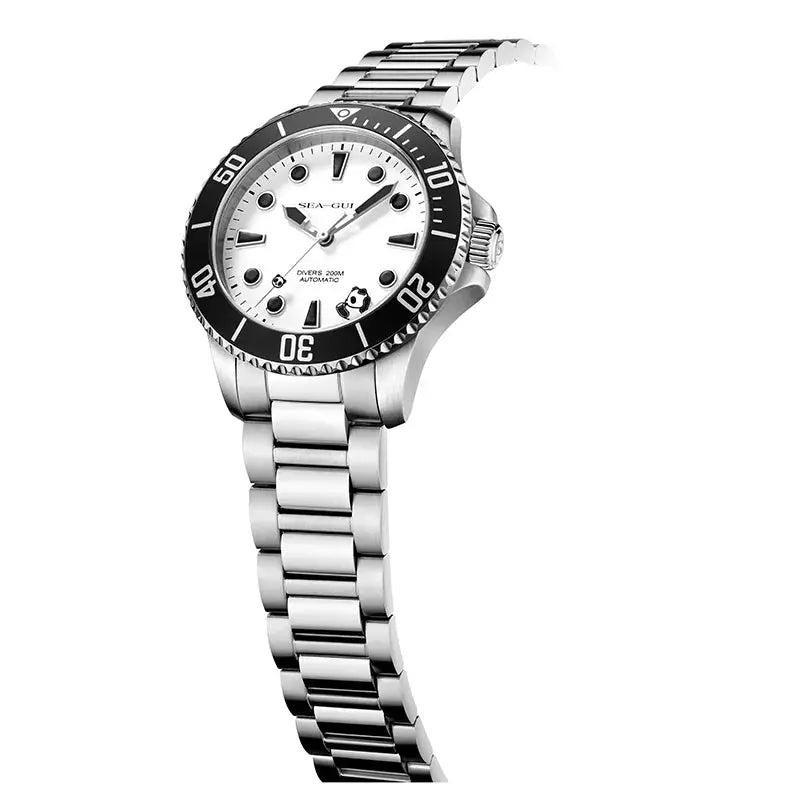 Sea-Gull diving watch with stainless steel bracelet, white dial, black bezel, 200m water resistant