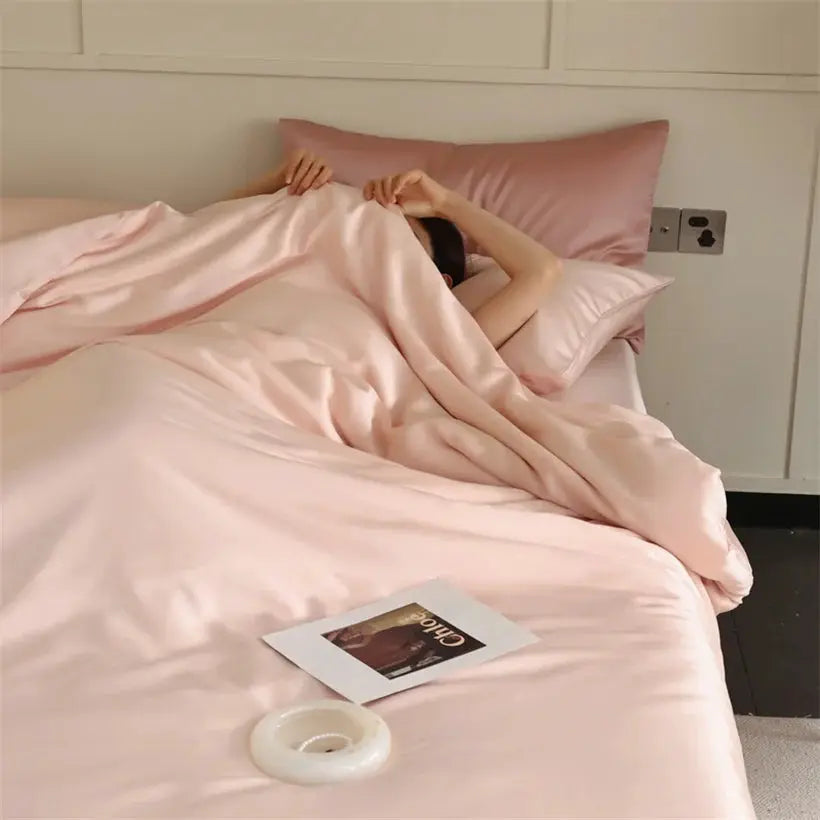Mulberry Silk Bedding Set by Simples Market in blush pink 100% silk with duvet cover, bed sheets and pillowcases
