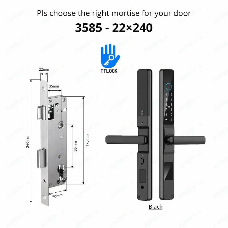 Black waterproof TTLock smart lock for sliding doors; aluminum unit with keypad, fingerprint, RFID and app control.