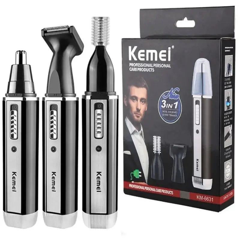 Kemei 4-in-1 trimmer set for men, rechargeable, black-silver finish, with nose/ear and hair/beard trimmers