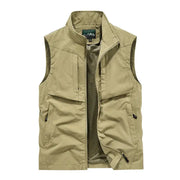 Men's beige outdoor cargo vest with mesh lining, sleeveless, multiple pockets