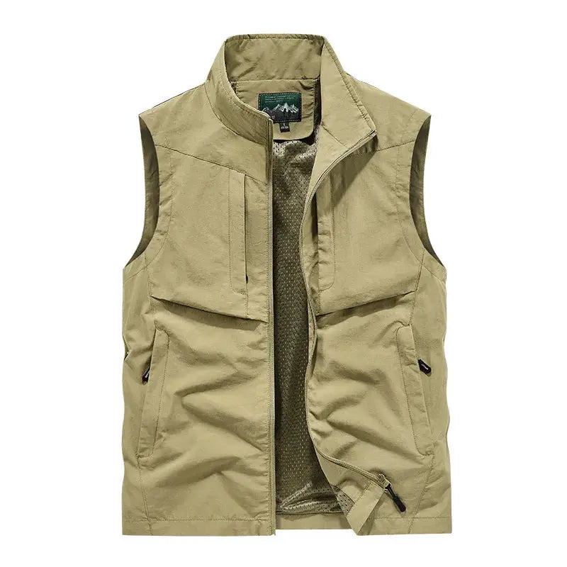 Men's beige outdoor cargo vest with mesh lining, sleeveless, multiple pockets