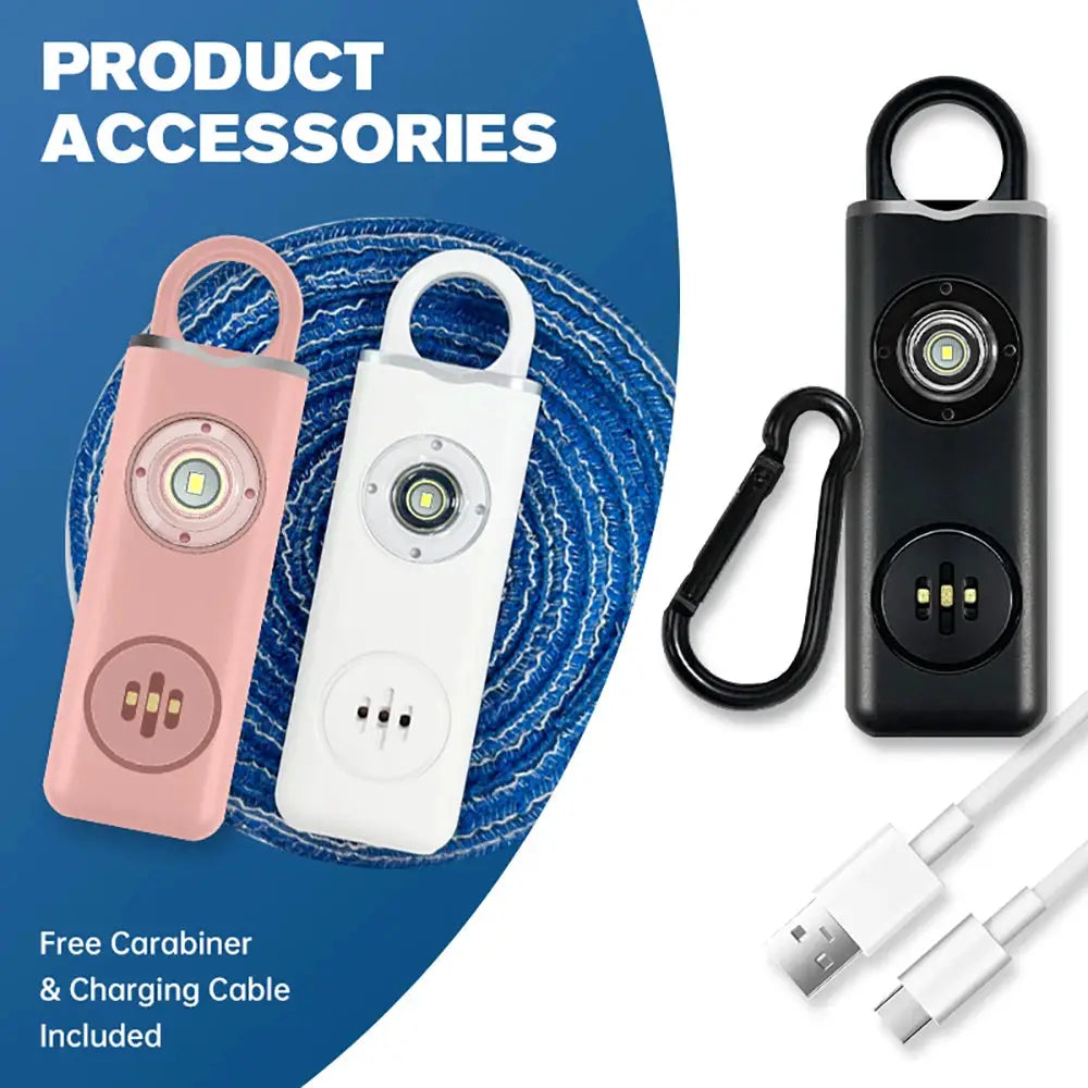 130dB rechargeable personal alarm keychain with LED flash; pink, white, and black variants with carabiner included
