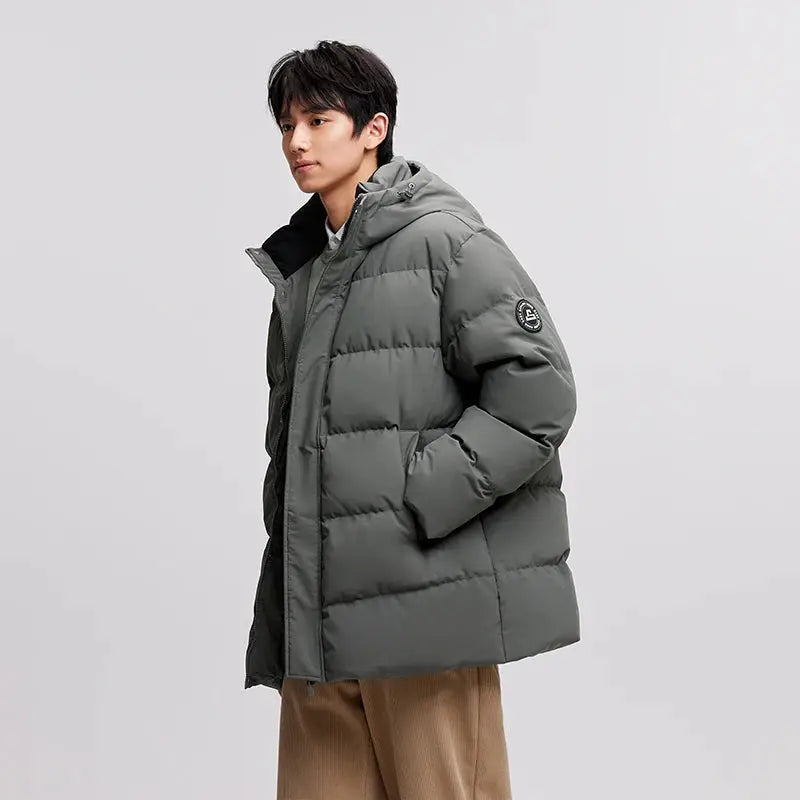 Semir men's hooded down jacket in gray-green, mid-length puffer coat by Simples Market.