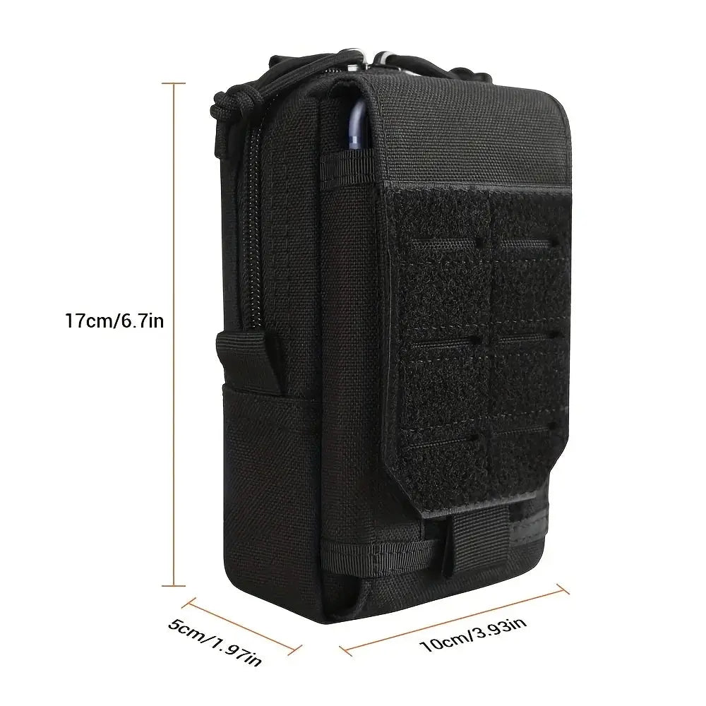 Black tactical MOLLE waist pouch for outdoor EDC gear; compact utility bag