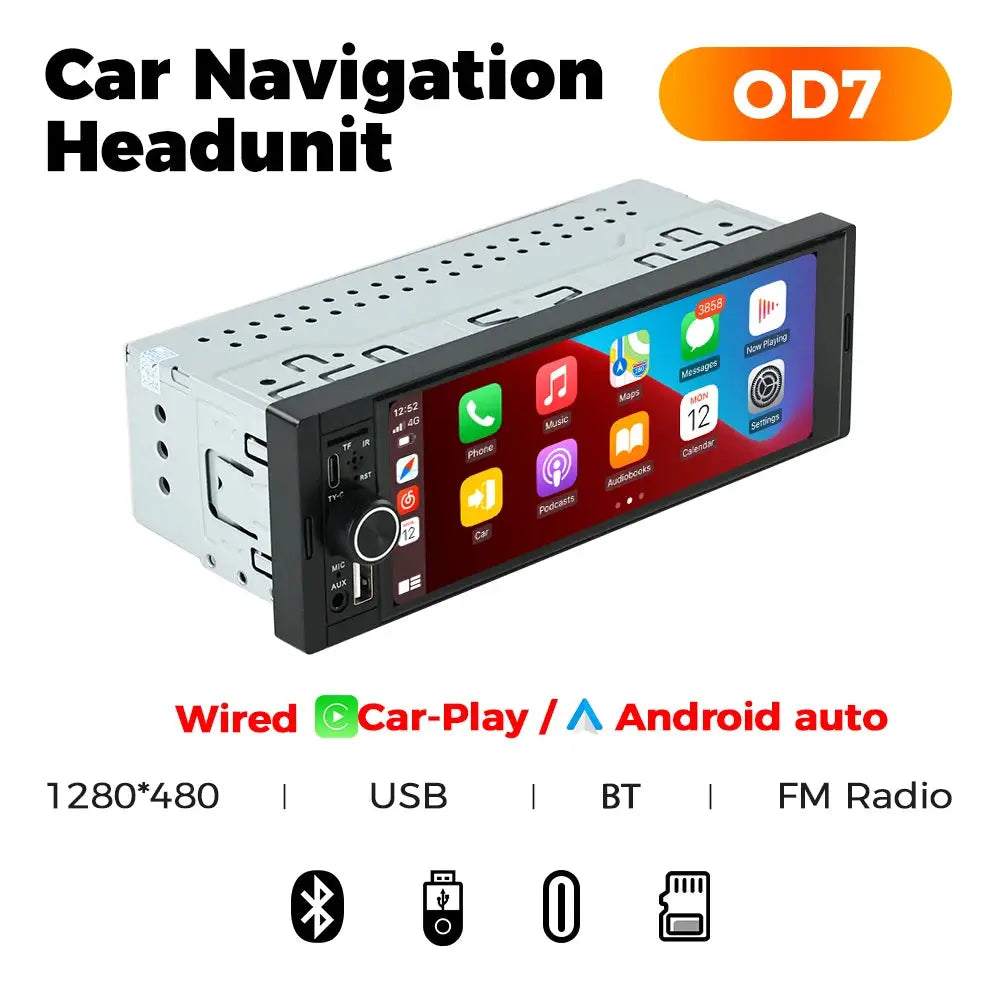 Simples Market 1DIN MP5 car radio with 6.86-inch touchscreen, black front panel, CarPlay/Android Auto
