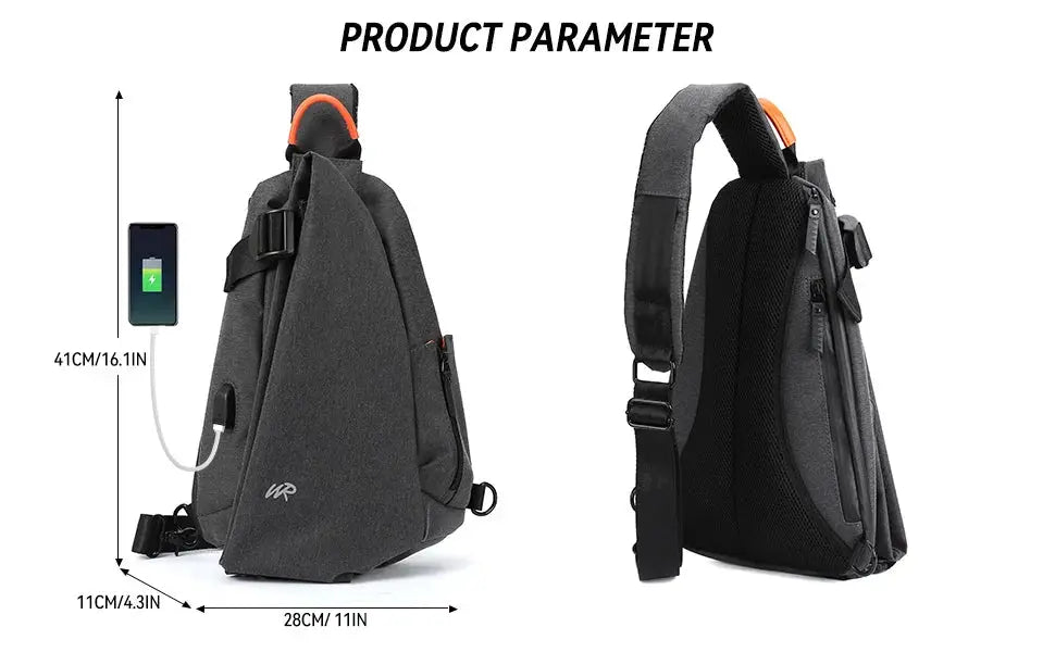 Anti-theft crossbody sling bag in dark gray with USB charging port, compact one-shoulder backpack for travel