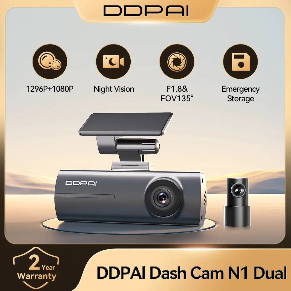 DDPAI Dash Cam N1 Dual front and rear cameras; dark gray car DVR with mount