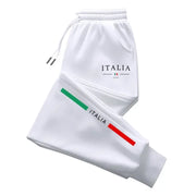 Simples Market white Italia print sweatpants with Italian flag accents and green and red stripe.