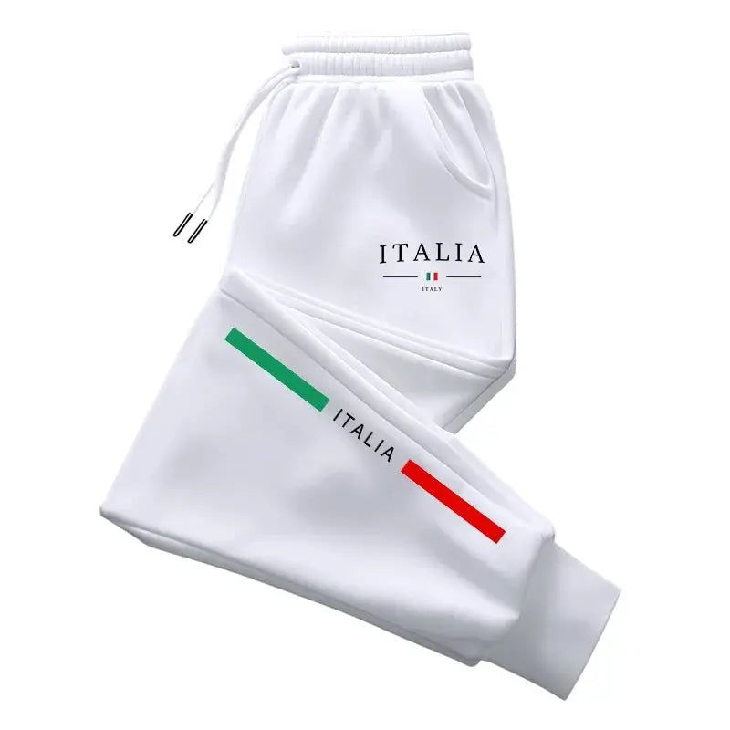 Simples Market white Italia print sweatpants with Italian flag accents and green and red stripe.