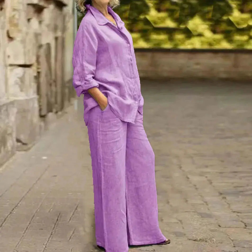 Cotton Linen Shirt Two Piece Set For Women With Wide Leg Trousers