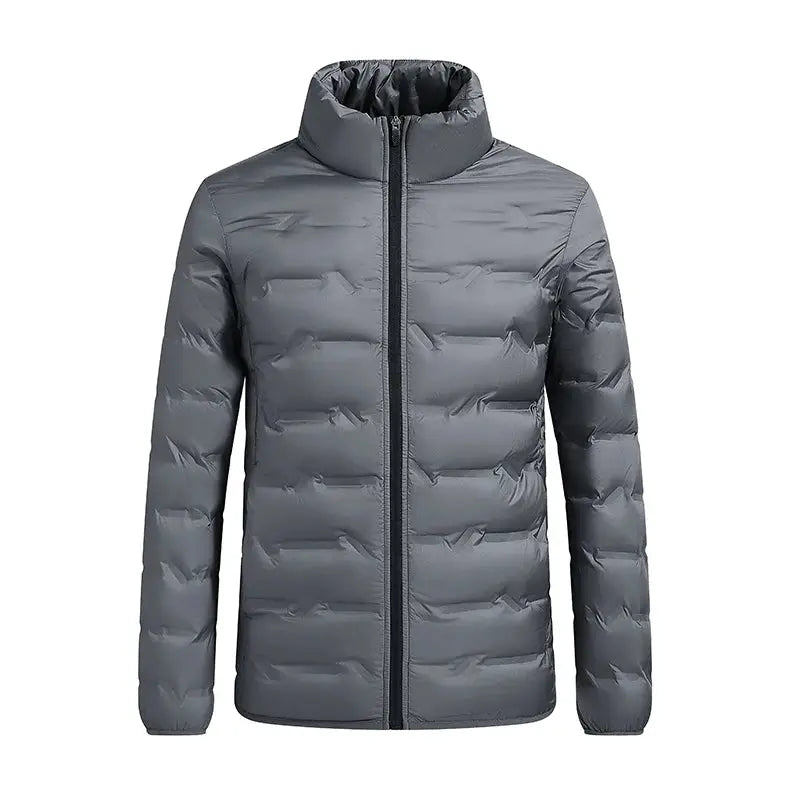 Men's grey duck-down puffer jacket with front zipper and stand-up collar by Simples Market