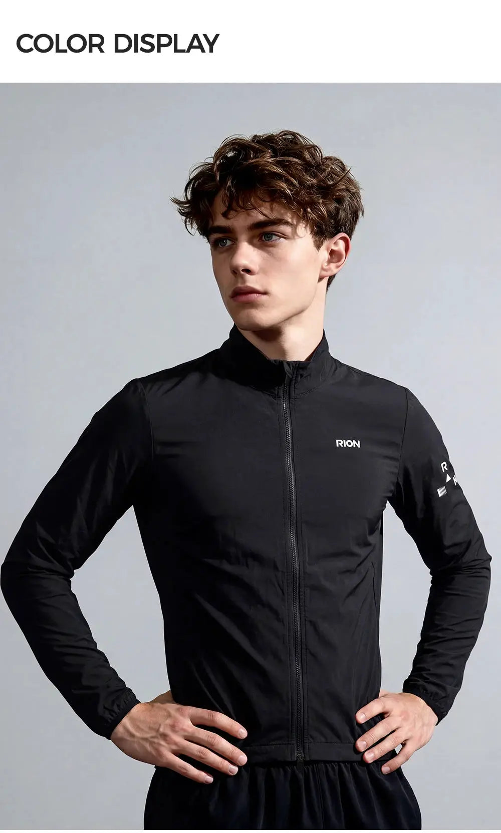 RION men's black windbreaker jacket with full zip and stand collar.