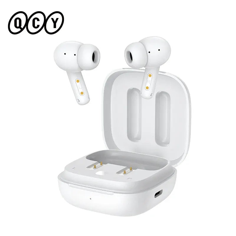 QCY T13 ANC wireless earbuds in white with charging case, 2 earbuds