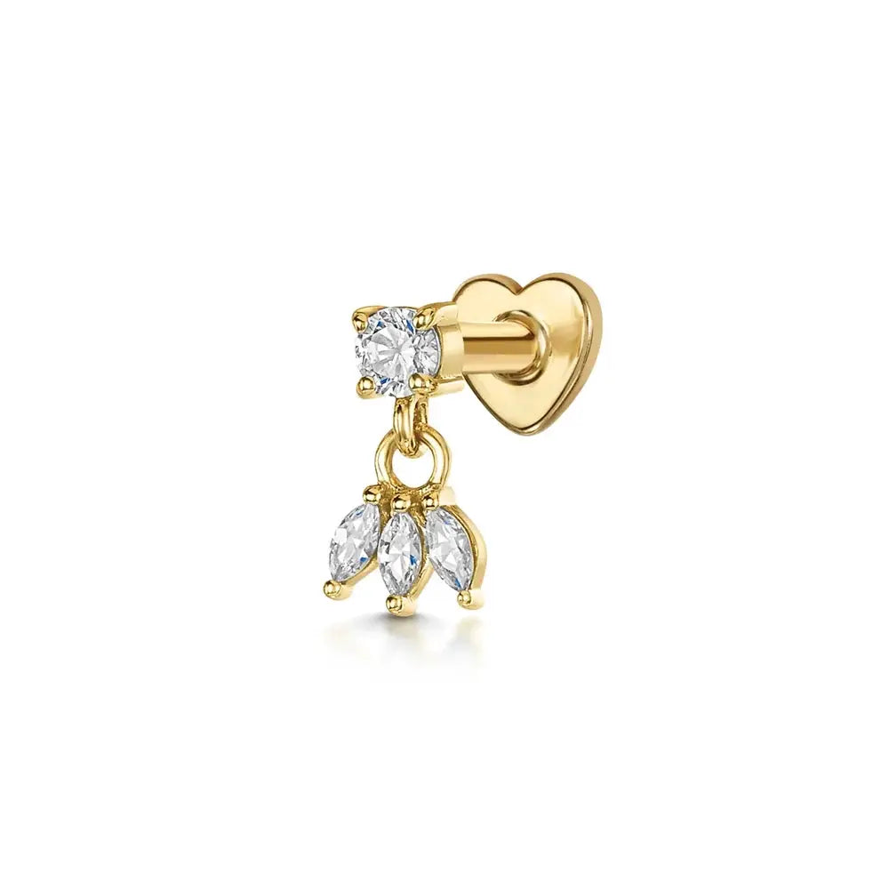 AIDE heart flat-helix piercing earring in gold-tone with a round zircon stud and dangling three marquise zircon drops