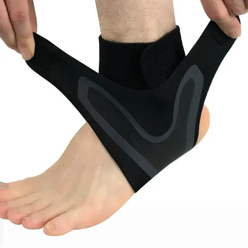 Ankle brace support compression sleeve, black breathable fabric for running and cycling.