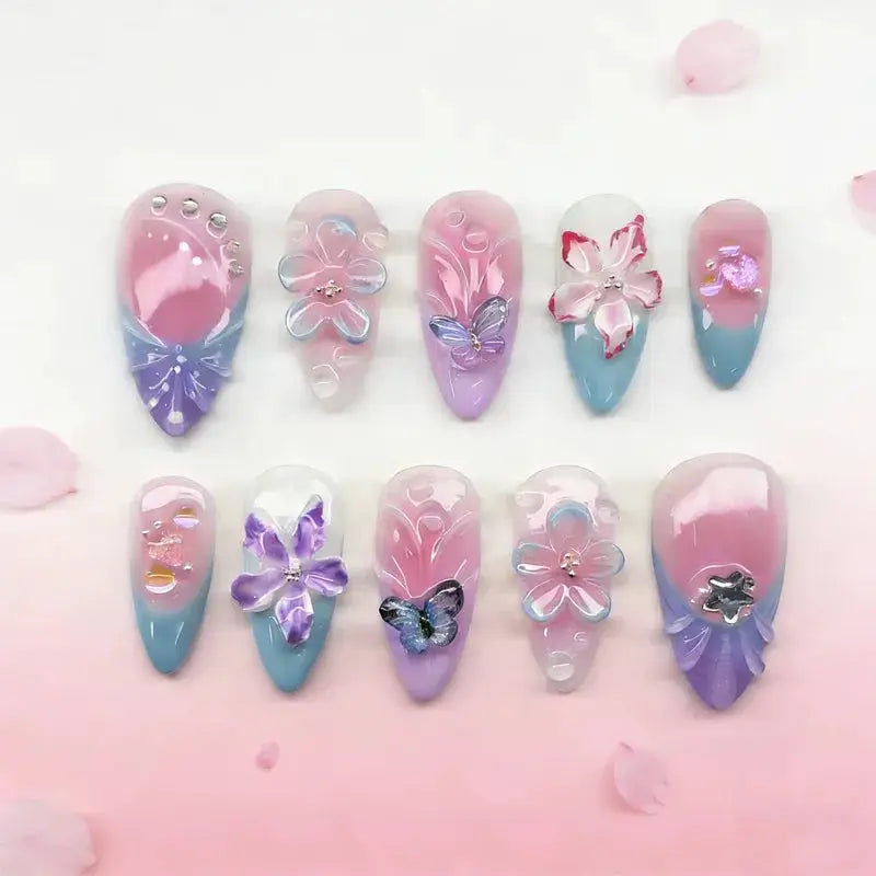 GlamNail Pink Almond Press On Nails Full Coverage Carved Flower 3D Ripple French Tips Golden Pearl Finish
