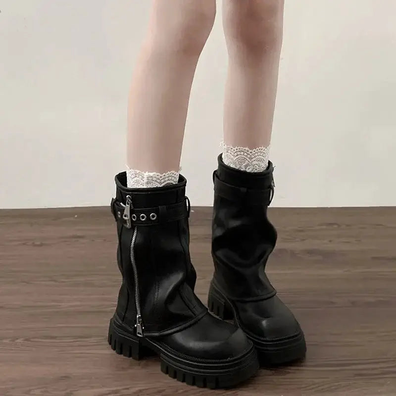 NovaPulse Winter Women Biker Boots With Belt Buckle And Platform Sole For Trendy Casual Style