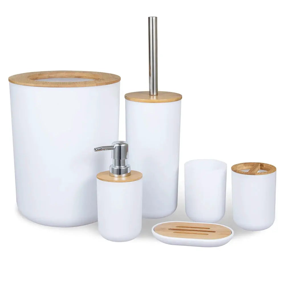 6-piece white bathroom storage set with bamboo lids by Simples Market