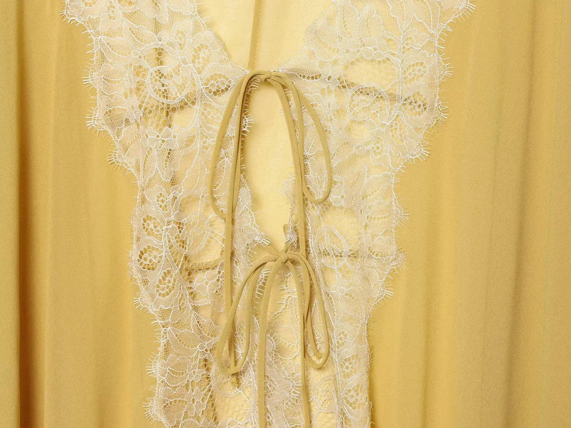 TFMLN lace patchwork lantern blouse; sheer beige-yellow with tie waist, Simples Market
