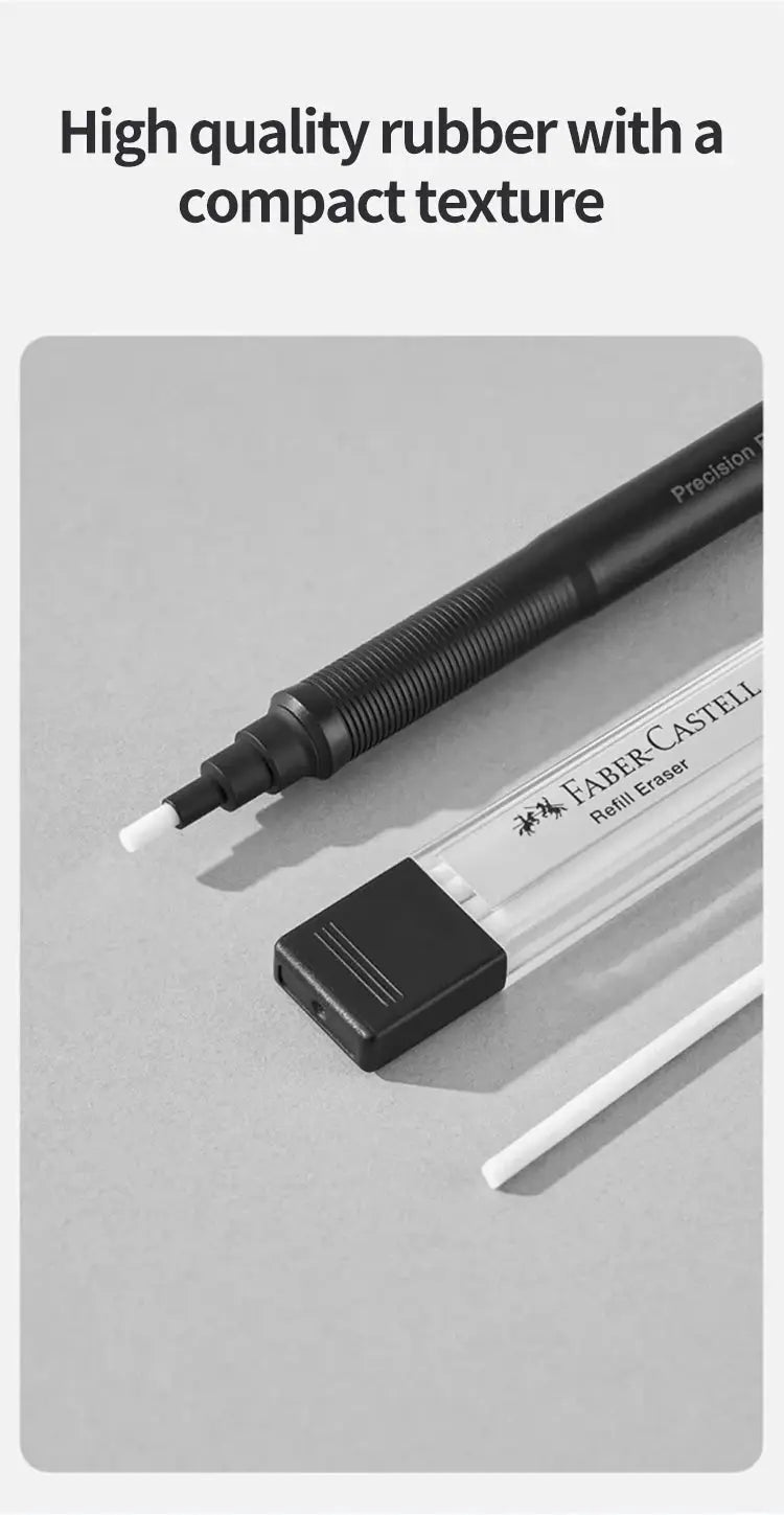 Faber-Castell retractable pencil with built-in eraser, black ribbed grip and refill eraser tube